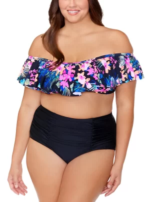 Raisins Curve Trendy Plus Size Juniors’ Tortuga Printed Flounce Bikini Top