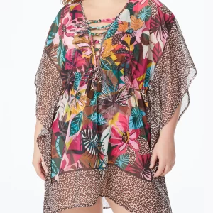 Bleu by Rod Beattie Plus Size Run Wild Printed Chiffon Caftan Swim Cover-Up