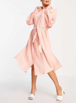 ASOS DESIGN maxi belted beach shirt dress in dusky pink