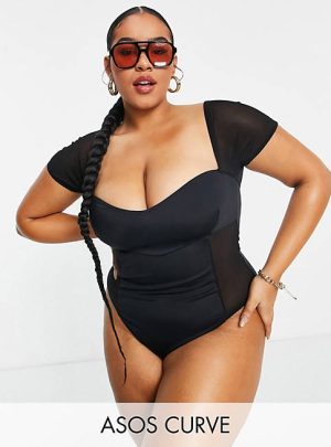 ASOS DESIGN Curve sweetheart swimsuit in black