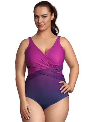 Women’s Plus Size Slender Tummy Control Chlorine Resistant V-neck Wrap One Piece Swimsuit Print