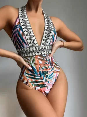 Leaf Print Contrast Tape One Piece Swimsuit