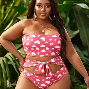 Plus Heart Pattern Bandeau Belted Bikini Swimsuit