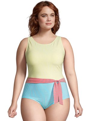 Women’s Plus Size Chlorine Resistant Tummy Control High Neck Belted One Piece Swimsuit Seersucker