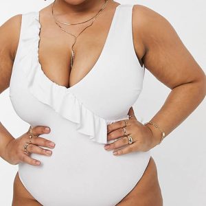 ASOS DESIGN curve ruffle plunge swimsuit in white