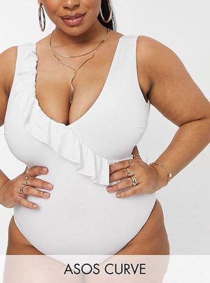 ASOS DESIGN curve ruffle plunge swimsuit in white