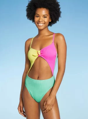 Juniors’ Ribbed Colorblock Tie-Front One Piece Swimsuit – Xhilaration™ Multi