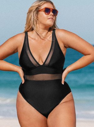 Omniscient Solid Mesh Panel Plus Size One Piece Swimsuit