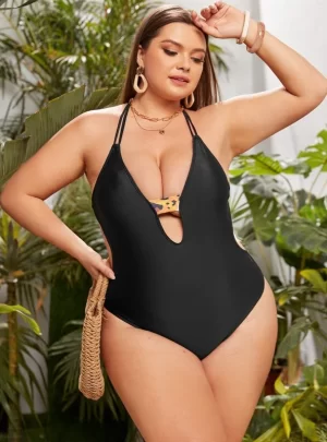 Plus Solid Backless Halter One Piece Swimsuit